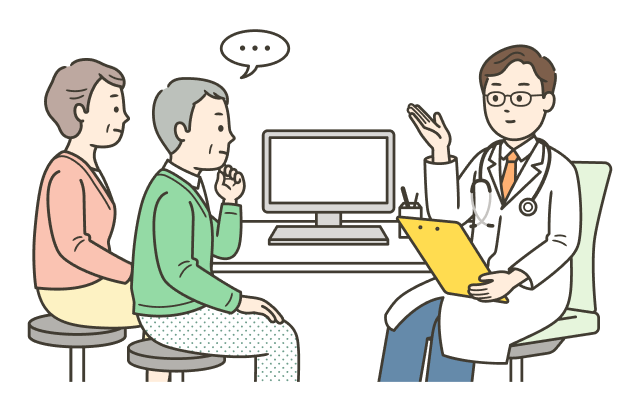 医師から高血圧の診断とアドバイスを受ける夫婦のイラスト。