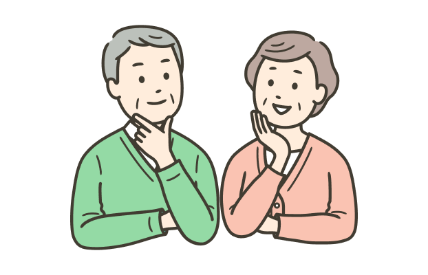健康的な生活を維持し、穏やかに会話を楽しむ高齢夫婦のイラスト。