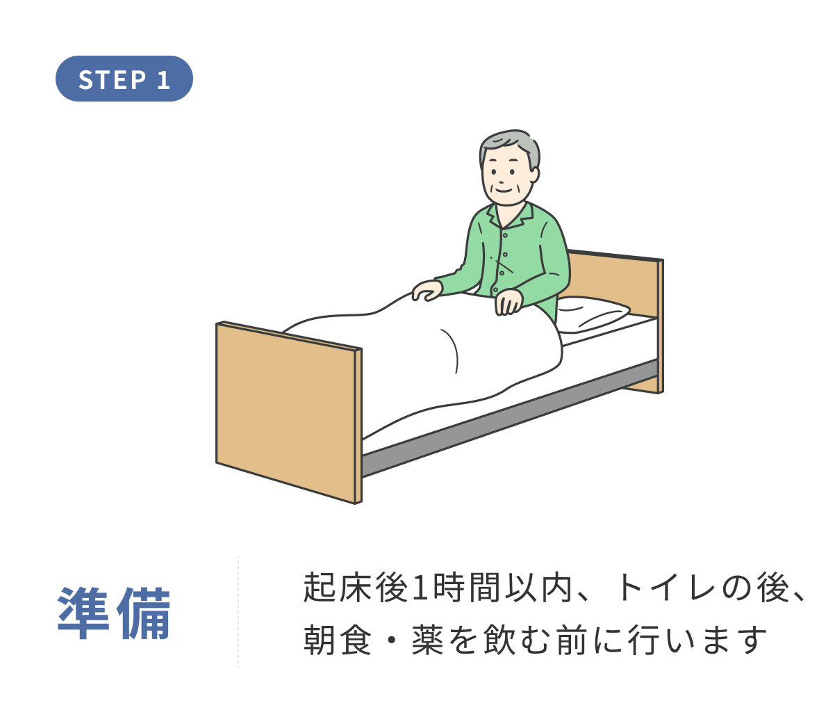 血圧測定の準備。起床後1時間以内、トイレの後、朝食・服薬前に行う様子を示すイラスト。