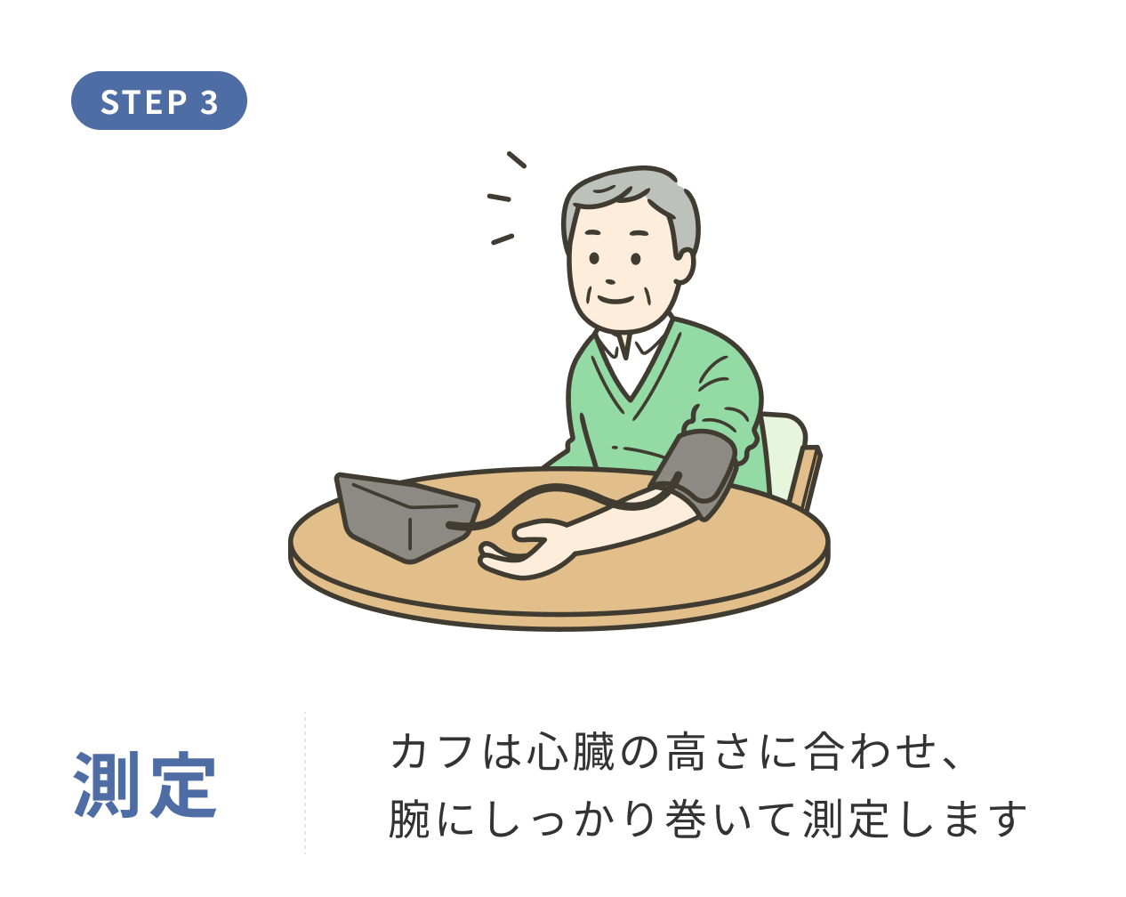 血圧の測定方法。カフを心臓の高さに合わせ、腕にしっかり巻いて測定している様子を示すイラスト。