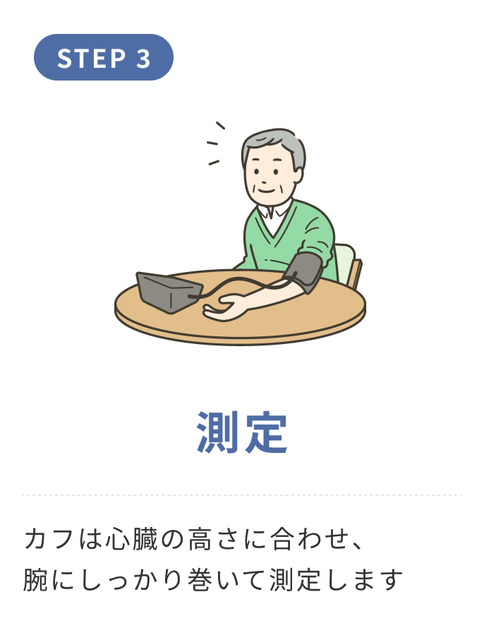 血圧の測定方法。カフを心臓の高さに合わせ、腕にしっかり巻いて測定している様子を示すイラスト。